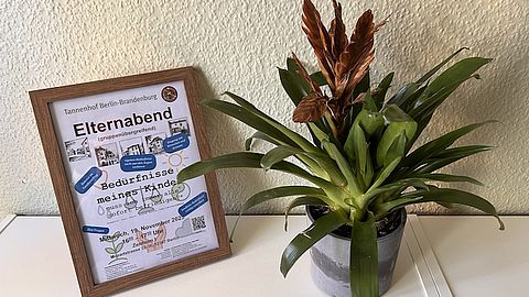 Pflanze auf einem Tisch mit Schild Elterabend